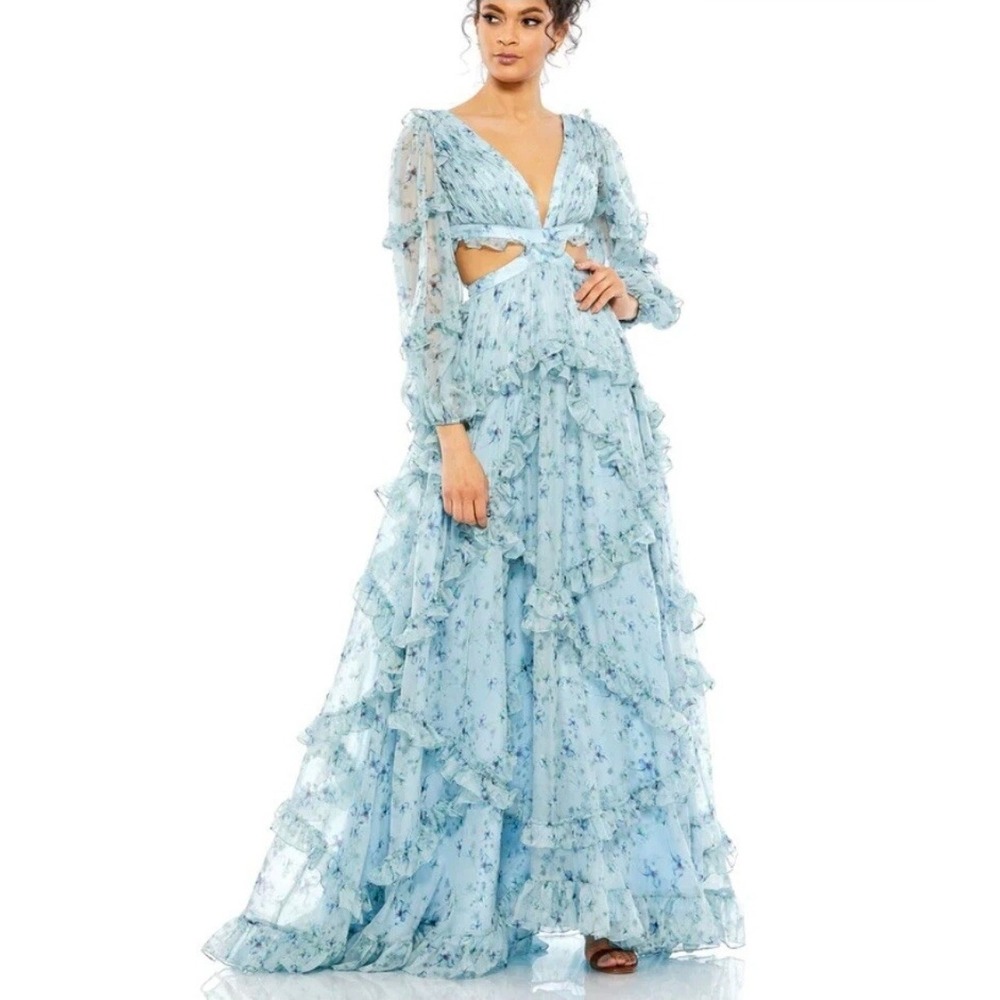 Mac Duggal 70249 Blue Floral Ruffle Cutout Chiffon Maxi Gown 0 Regency fairy NWT